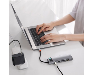 Адаптер USB Type-C > Hub  Baseus Metal Gleam Multi-functional 9-in-1 (PD, USB, HDMI, VGA, SD/TF, RJ45) (CAHUB-CU0G) Gray