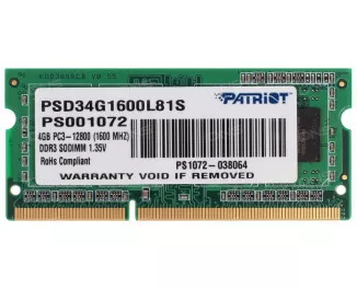 Память для ноутбука SO-DIMM DDR3 4 Gb (1600 MHz) Patriot Original (PSD34G1600L81S)