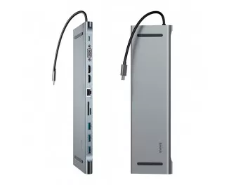 Адаптер USB Type-C > Hub  Baseus Enjoyment Series 11-in-1 (USB3.0, SD/microSD, RJ45, HDMI, VGA, USB-C (PD), AUX 3.5 mm) (CATSX-G0G) Gray