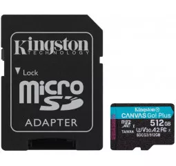 Карта памяти microSD 512Gb Kingston Canvas Go Plus C10 UHS-I U3 A2 + SD адаптер (SDCG3/512GB)