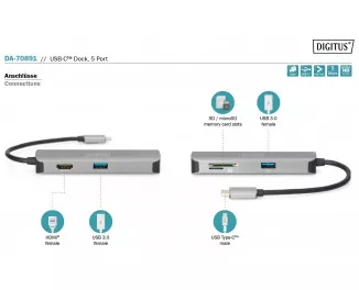 Адаптер USB Type-C > Hub DIGITUS USB-C 5-port Travel Dock (DA-70891)
