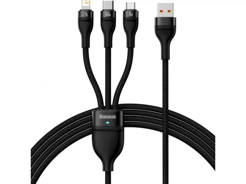 Кабель USB > USB Type-C + Lightning + microUSB Baseus Flash Series Ⅱ One-for-three Fast Charging Data Cable 66W 1.2 m (CASS040001) Black