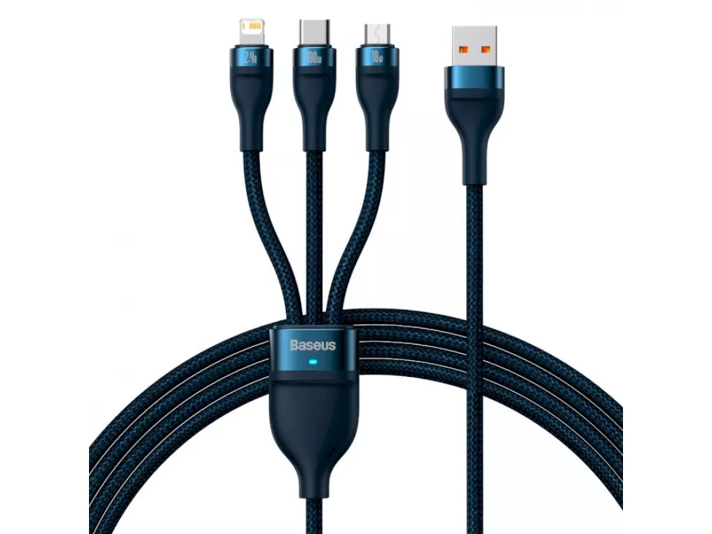 Кабель USB > USB Type-C + Lightning + microUSB Baseus Flash Series Ⅱ One-for-three Fast Charging Data Cable 66W 1.2 m (CASS040003) Blue