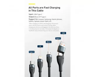 Кабель USB + USB Type-C > USB Type-C + Lightning + microUSB Baseus Flash Series Ⅱ Two-for-three Charging Cable 100W 1.2 m (CASS030103) Blue