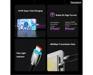 Кабель USB Type-C > USB Baseus Glimmer Series Fast Charging Data Cable 100W 2.0 m (CADH000501) Black