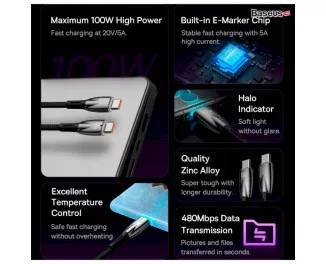 Кабель USB Type-C > USB Type-C Baseus Glimmer Series Fast Charging Data Cable 100W 2.0 m (CADH000801) Black