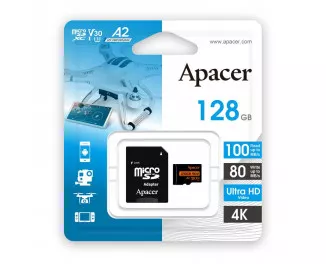Карта памяти microSD 128Gb Apacer C10 UHS-I U3 A2 + SD адаптер (AP128GMCSX10U8-R)