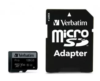 Карта памяти microSD 128Gb Verbatim PRO class 10 UHS-III + SD адаптер (47044)