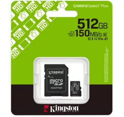Карта памяти microSD 512Gb Kingston Canvas Select Plus C10 UHS-1 U3 A1 V30 + SD адаптер (SDCS3/512GB)