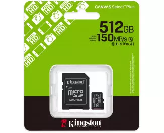 Карта памяти microSD 512Gb Kingston Canvas Select Plus C10 UHS-1 U3 A1 V30 + SD адаптер (SDCS3/512GB)