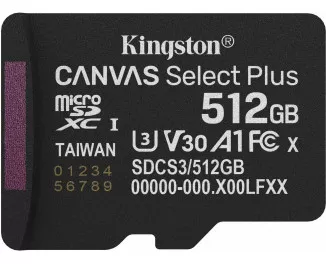 Карта пам'яті microSD 512Gb Kingston Canvas Select Plus C10 UHS-1 U3 A1 V30 (SDCS3/512GBSP)