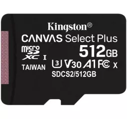 Карта памяти microSD 512Gb Kingston Canvas Select Plus class 10 UHS-I U3 V30 A1 (SDCS2/512GBSP)