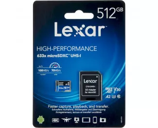 Карта памяти microSD 512Gb Lexar High Performance 633x UHS-I U3 V30 A1 Class 10 + SD адаптер (LSDMI512BB633A)