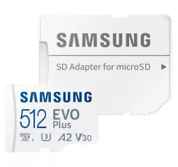 Карта памяти microSD 512Gb Samsung EVO Plus Class 10 UHS-I U3 V30 A2 + SD адаптер (MB-MC512SA)