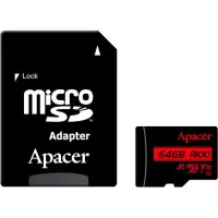 Карта пам'яті microSD 64Gb Apacer class 10 UHS-I V10 A1 + SD адаптер (AP64GMCSX10UB-R)