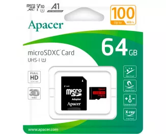 Карта памяти microSD 64Gb Apacer class 10 UHS-I V10 A1 + SD адаптер (AP64GMCSX10UB-R)