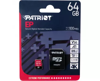 Карта памяти microSD 64Gb Patriot EP Series UHS-I U3 V30 A1 EP + SD адаптер (PEF64GEP31MCX)