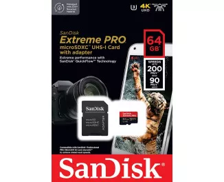 Карта памяти microSD 64Gb SanDisk Extreme Pro V30 class 10 UHS-I U3 + SD адаптер (SDSQXCU-064G-GN6MA)