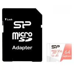 Карта памяти microSD 64Gb Silicon Power Superior U3 A1 V30 + SD адаптер (SP064GBSTXDV3V20SP)