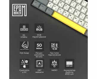 Клавиатура беспроводная Epomaker EP64 60 Mulan Switch Hot-Swap RGB Wireless/Bluetooth/USB UA Black (EP64-B-M)