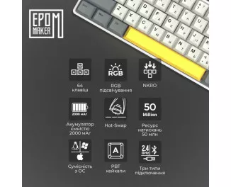 Клавиатура беспроводная Epomaker EP64 60 Mulan Switch Hot-Swap RGB Wireless/Bluetooth/USB UA White (EP64-W-M)