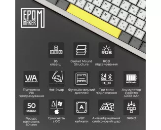 Клавіатура бездротова Epomaker Shadow-S TKL Mulan Switch Hot-Swap LCD Screen RGB Wireless/Bluetooth/USB UA White (SHS-W-M)