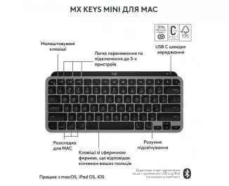 Клавиатура беспроводная Logitech MX Keys Mini For Mac Space Gray (920-012652)