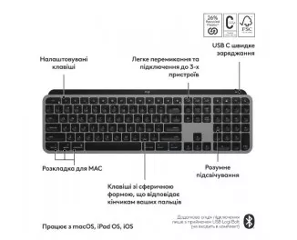 Клавиатура беспроводная Logitech MX Keys S for Mac Space Gray (920-011637)