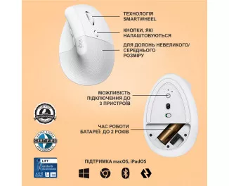 Мышь беспроводная Logitech Lift Bluetooth Vertical Ergonomic Mouse Off-White (910-006475)