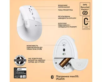 Мышь беспроводная Logitech Lift for Mac Vertical Ergonomic Mouse Off White (910-006477)