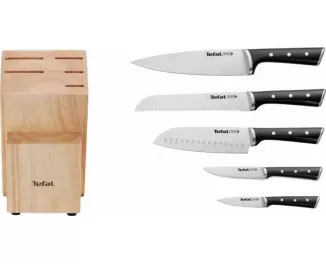 Набор ножей Tefal Ice Force, 5пр., с деревянной колодкой, нержавеющая сталь, платик, черный