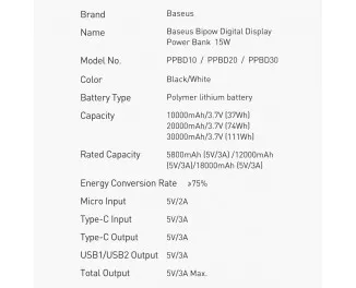 Портативний акумулятор Baseus Bipow Digital Display (Overseas Edition) 10000mAh 15W (PPBD050001) Black