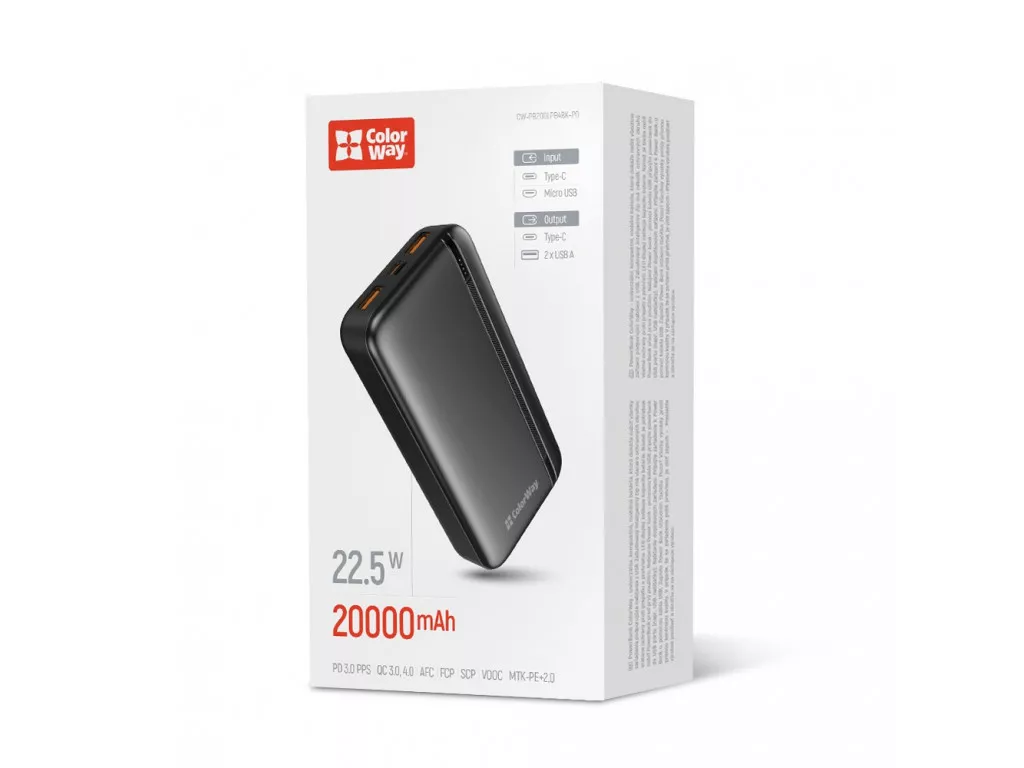 Портативный аккумулятор ColorWay Portable Charger 20000mAh Black (CW-PB200LPB4BK-PD)