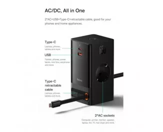 Сетевое зарядное устройство Baseus PowerCombo Digital PowerStrip 2AC+1U+1C+Retractable-C 65W with 1.5m power cord EU Black (PSLR000301)