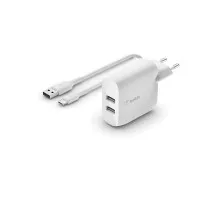 Сетевое зарядное устройство Belkin BoostCharge Dual USB-A Wall Charger 24W + USB-A to USB-C cable White (WCE001vf1MWH)
