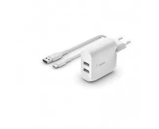Сетевое зарядное устройство Belkin BoostCharge Dual USB-A Wall Charger 24W + USB-A to USB-C cable White (WCE001vf1MWH)