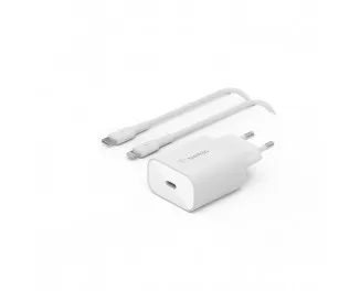 Мережевий зарядний пристрій Belkin BoostCharge USB-C PD 3.0 PPS Wall Charger 25W with USB-C/Lightning cable White (WCA004vf1MWH-B5)