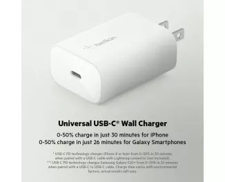 Мережевий зарядний пристрій Belkin BoostCharge USB-C PD 3.0 PPS Wall Charger 25W with USB-C/Lightning cable White (WCA004vf1MWH-B5)