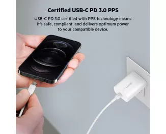 Мережевий зарядний пристрій Belkin BoostCharge USB-C PD 3.0 PPS Wall Charger 25W with USB-C/Lightning cable White (WCA004vf1MWH-B5)