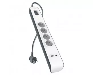 Сетевой фильтр Belkin 4хТип F, 3x1.5мм кв, 16А, 2xUSB-A 2.4A, 2м, White (BSV401vf2M)