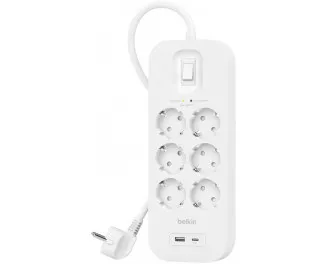Мережевий фільтр Belkin (6хТип F, 16А, USB-A/USB-C 18Вт) (SRB002VF2M)