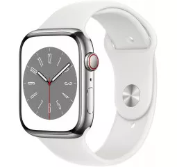 Смарт-годинник Apple Watch Series 8 GPS + Cellular 45mm Silver Stainless Steel Case with White Sport Band (MNKE3)