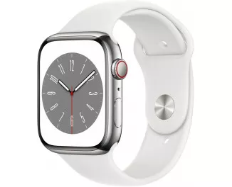 Смарт-часы Apple Watch Series 8 GPS + Cellular 45mm Silver Stainless Steel Case with White Sport Band (MNKE3)