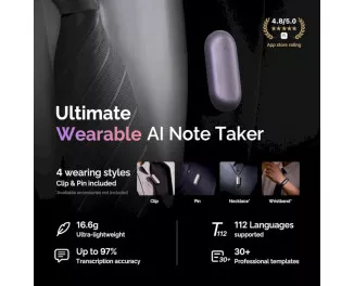 Цифровий диктофон PLAUD NotePin ChatGPT Sunset Purple (NP-64G-PU, PN0200-PU)
