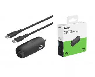 Зарядное устройство автомобильное Belkin 30Вт USB-C PD PPS, кабель USB-C > USB-C, 1м, черный